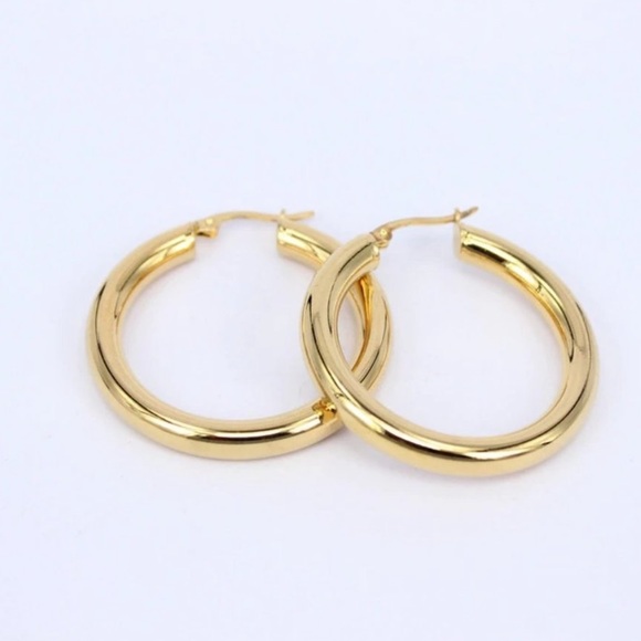 NEW 18K Yellow Gold 1.2” Tube Hoop Earrings - Picture 4 of 7
